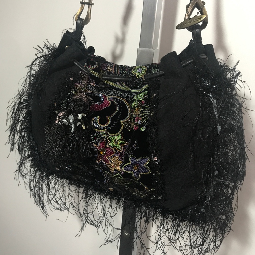 New MARY FRANCES Embroidered Black Beaded Fringe Purse! black purple - Picture 3 of 10